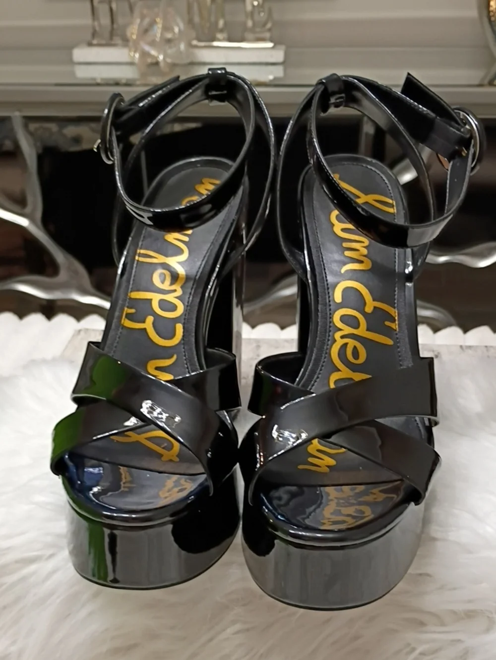 New Sam Edelman Savannah Black Patent Platform Block-Heel Sandals 10